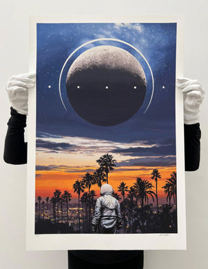 Scott Listfield - Elysian Print - Lone Astronaut - Moon above them, looking into Los Angeles