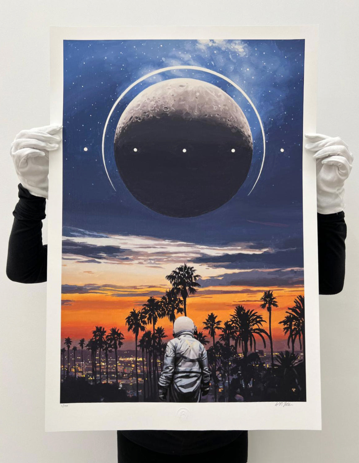 Scott Listfield - Elysian Print - Lone Astronaut - Moon above them, looking into Los Angeles